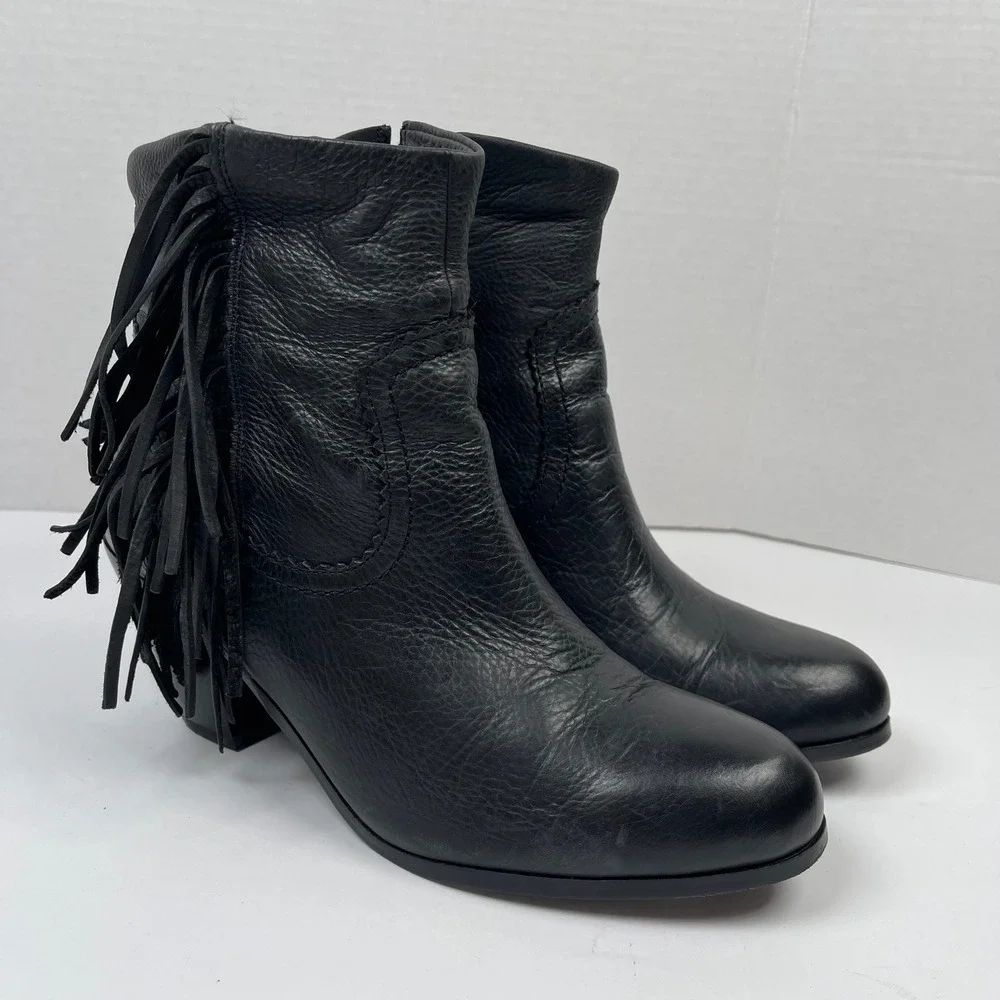Sam Edelman Louie Fringe Ankle Boots Womens 9.5 Black Leather Western Boho Biker
